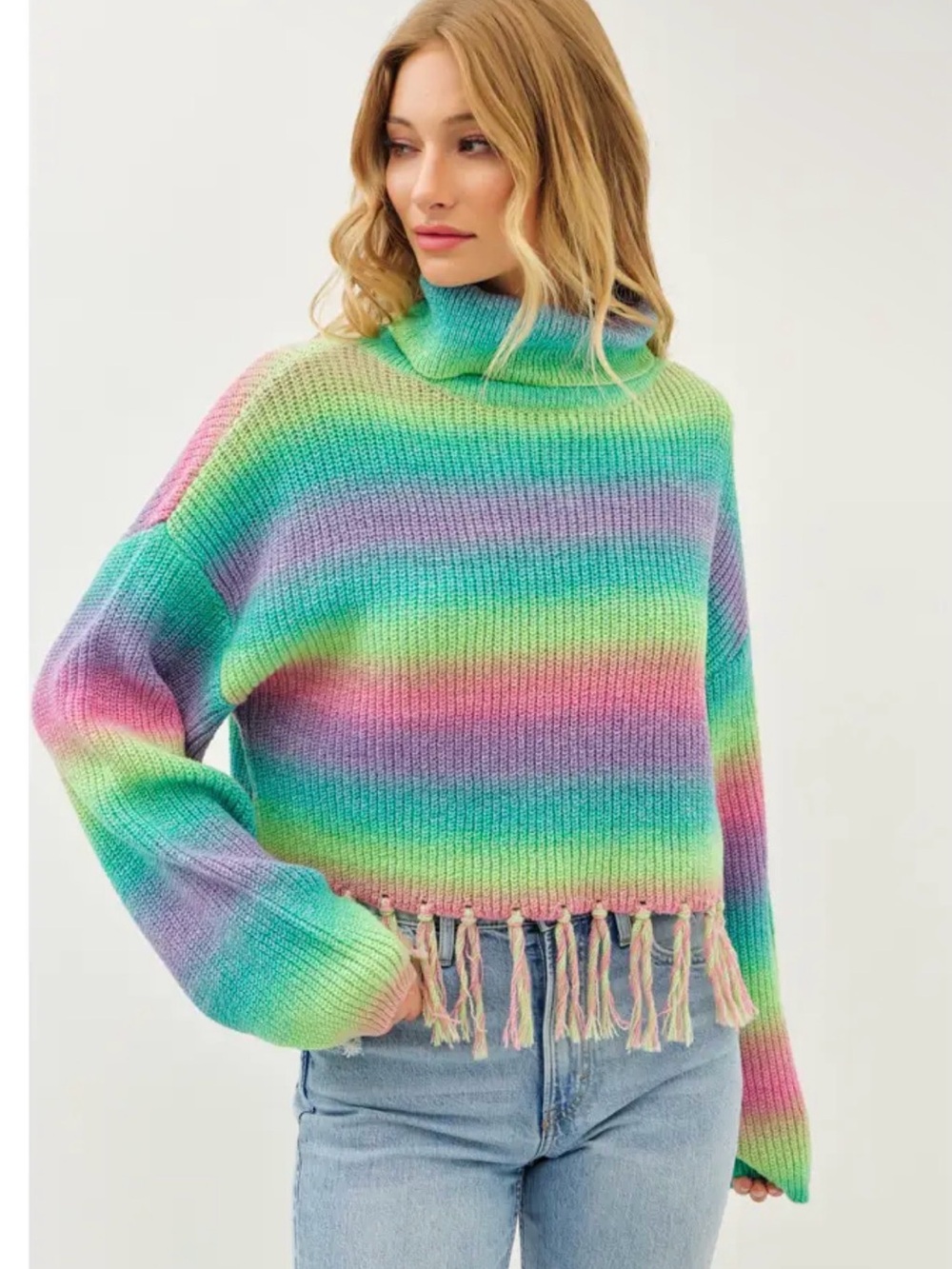 Idem Ditto Turtleneck Fringe Hem Rainbow Stripe Knit Sweater - Multicolor NWT